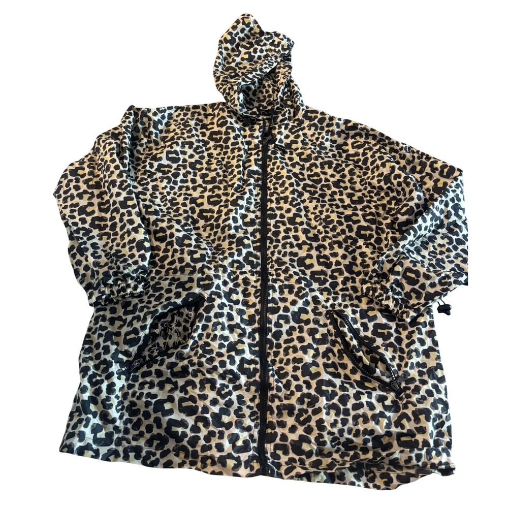 Shedrain Leopard Print Packable Rain Jacket Hooded Windbreaker Tan Black M/L